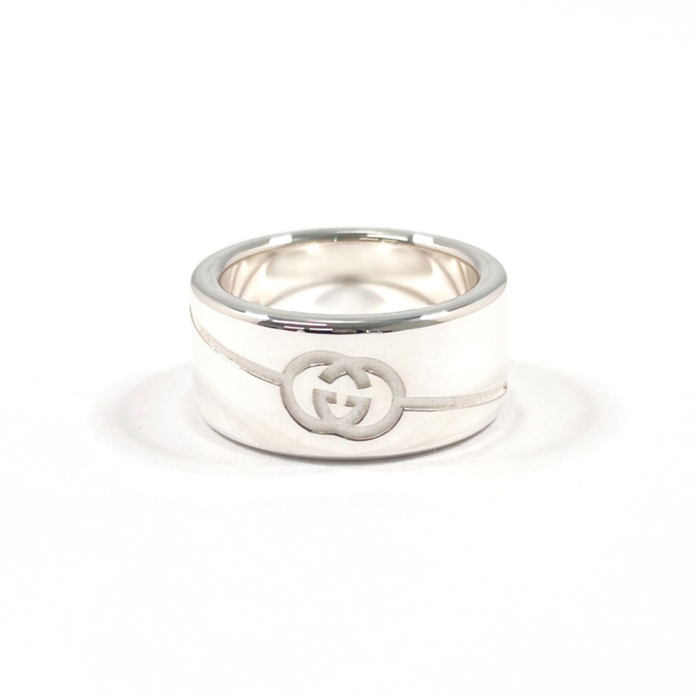 GUCCI Diagonal Interlocking G Ring, Sterling Silver 925, Size 10, Silver, Wom...